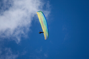 Sportsman paragliding high in the blue sky