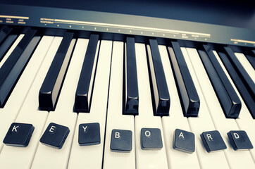piano keyboard, and computer keys with words