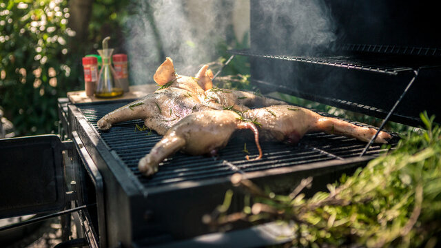 Tasty pork on a barbecue grill. Close up of whole pig cooked grilled meat in BBQ