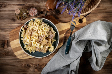 Pasta with sauerkraut and meat.