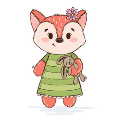 Cute fox in hand drawn style. Little vintage character for children's books, print, textile, fabric, cotton, poster, children. Vector illustration isolated on white background.