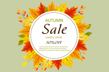 Autumn Sale up to 50%, limited offer. Banner for autumn big discounts. Bright leaves, twigs are collected in a circle in a collage. Vector illustration.

