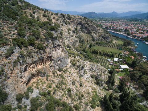 aerial view of ancient rock tombs and the contemporary town of kaunos, Turkey