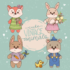 Fototapeta premium Hand drawn set of cute animals in vintage style. Collection of bear, fox, hare, rabbit or bunny. Little characters for children's books, wallpapers, prints, textile, fabric, cotton, poster, nursery.