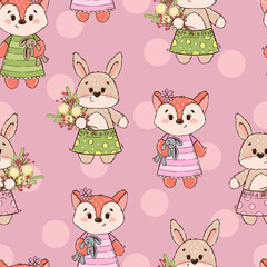 Seamless pattern with cute characters: bear, fox, hare, rabbit or bunny. Texture for girl on pink background. Ornament for a children's book, cover, textile, cotton, fabric, poster, print.