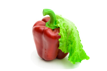 fresh red pepper and lettuce isolated on white background