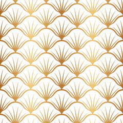 Art deco fan. Gold seamless pattern nouveau. Golden gatsby texture. Vintage scale ornate background. Classic great style. Roaring ornament. Elegant geometric motif. Design shell for prints. Vector