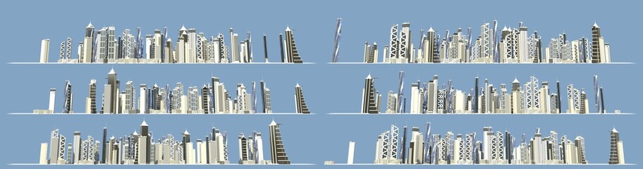 City expanding concept, set of 6 detailed images of modern structures forming city skyline isolated on blue background - 3D illustration of objects