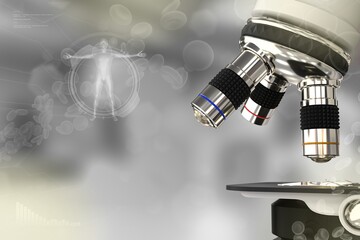 Medical work concept, lab electronic scientific microscope on colorful overlay background - medical 3D illustration