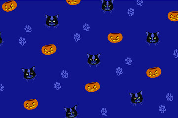 pattern black cat with her footprints and pumpkin with background blue