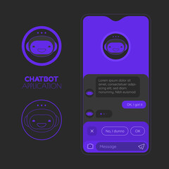 Chatbot mobile application screen mockup with chatbot app icons, dark UI version