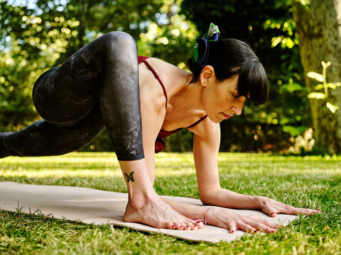 Side view of focused flexible female in sportswear performing Lizard pose on mat during yoga practice on green meadow in summer park