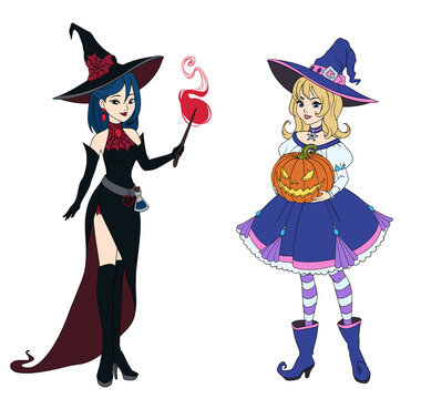 Set of two witches holding Halloween pumpkin and magic wand.