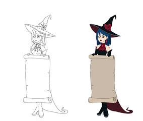 Beautiful cartoon witch holding parchment banner. vector illustration