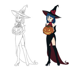 Beautiful cartoon witch holding Halloween pumpkin. vector illustration