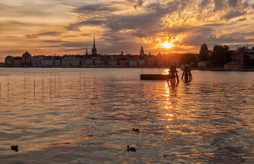 Stockholm old town skyline at sunset.