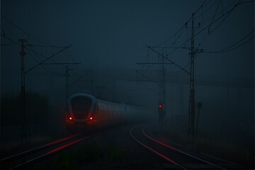 Commuter train in fog during early morning during autum, red lights. Sweden