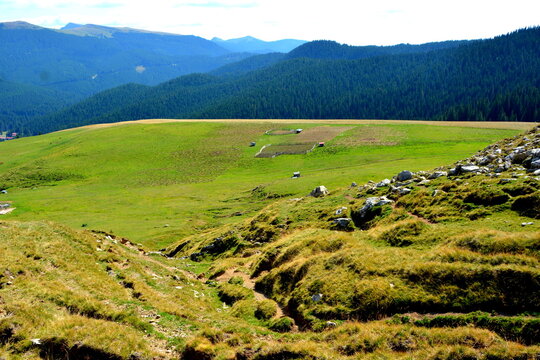 Typical landcsape in the mountains and forests of Transylvania. Bucegi Massif, Carpathian Mountains, Romania