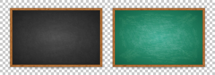 Realistic chalkboard with wooden frame isolated on transparent background. Chalkboard set for design. Rubbed out dirty chalkboard. Empty black, blue, green blackboard for classroom or restaurant menu © Omeris