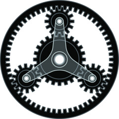 A planetary gear system with a central sun gear, three planets gears, and an encompassing ring gear.