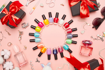 black friday concept, manicure with nail polish, pedicure on pink background, copy space, flat lay