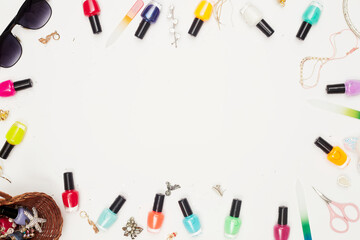 concept, manicure with nail polish, pedicure on white background, copy space, Flat Lay