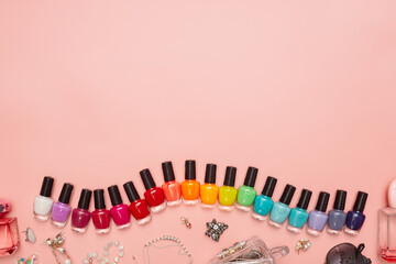 concept, manicure with nail polish, pedicure on pink background, copy space, Flat Lay