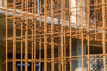 Industrial background. Rebar texture. Rusty rebar for concrete pouring. Steel reinforcement bars. Construction rebar steel work reinforcement. Closeup of Steel rebars.
