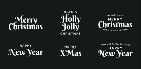 Merry Christmas Text Set, Happy New Year Text Set, Greeting Card Typography Vector Set for banners, greeting cards, poster, gifts, etc.