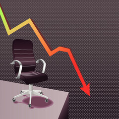 Office vector chair rolls into a cliff. A red arrow indicates a market drop. The concept of the global financial crisis 2020. Dismissal of employees due to coronavirus. Economic decline poster