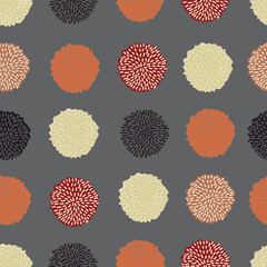 Fototapeta premium Vector pom pom bobble seamless pattern, trendy color, fall 2020, grey, orange, black, almond, wine red. Repeating pattern.