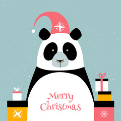 Merry christmas card with panda