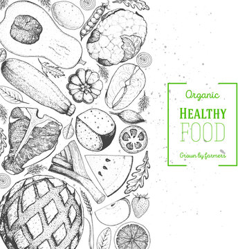 Healthy food frame vector illustration. Vegetables, meat and fish hand drawn. Organic products set. Farm market food collection.