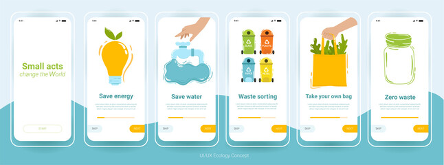 UI, UX, GUI Ecology template set. Waste sorting, save water, save energy, zero waste, no plastic, take your own bag.Small acts change the World. Bright and minimal. For mobile app, responsive web site