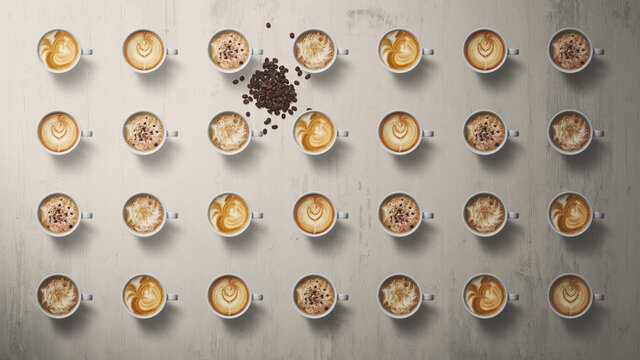 A pattern of 28 coffee cups, with a random pile of coffee beans dispersed amongst them taken from a top view perspective on a light wooden background