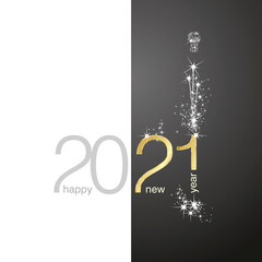 2021 Gold Happy New Year sparkle firework white black background greeting card
