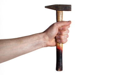 Male hand holding a hammer on a white background.