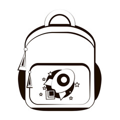 Vector black and white image of a child's backpack, a rocket on a briefcase, an educational bag for a boy, a linear drawing of a backpack with a pocket, an element for design on a school theme
