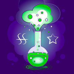 Vector card with a potion for the holiday of Halloween, a green potion with bubbles in a glass bottle, a magic ritual with elixir, blank for design, advertising, website.