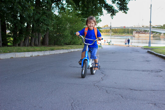 Cheerful 4 Year Old Child Riding Bike In Park In Summer. Training Little Cyclist Outdoors Activity
