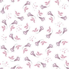 Simple vector floral seamless pattern. Abstract background with small flowers, leaves. Liberty style wallpapers. Ditsy texture. Folk style painting. Pink and white color. Repeat decorative design