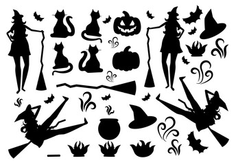 Naklejka premium Halloween icons in flat style. There are witch, hat, cat, boiler, fire, bonfire, pumpkin, broom.