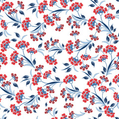 Vector floral seamless pattern. Abstract background with simple small red flowers, green leaves, branches. Liberty style wallpapers. Elegant ditsy texture. Subtle floral ornament. Repeating design 