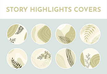 Set of hand-drawn round icons for social media stories. Abstract various vector highlight covers with flowers and herbal objects, lines, dots, ficus, palm objects in one flat style.Vector illustration