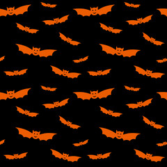 Halloween seamless pattern with black flying bats. Bat silhouettes on orange background for wrapping paper, postcards, home textile, costumes. Vector illustration isolated. Halloween decorations