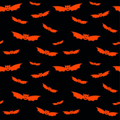 Halloween seamless pattern with black flying bats. Bat silhouettes on orange background for wrapping paper, postcards, home textile, costumes. Vector illustration isolated. Halloween decorations