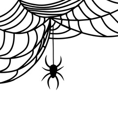 Hanging spider on web.Halloween cobweb clipart for sticker, fabric, print. Scary elements for decoration. Hand-drawn spider web or cobweb with spider. Vector illustration isolated on white background