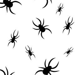Halloween seamless pattern with black spiders isolated on white background. Arachnids invertebrates ornament for wrapping paper, postcards, fabric, print. Vector illustration. Greeting card concept