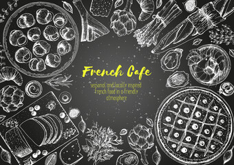 French cuisine top view frame. A set of classic French dishes with escargot, foie gras, bakery, pissaladier, shrimps. Food menu design template. Hand drawn sketch vector illustration. © DiViArts