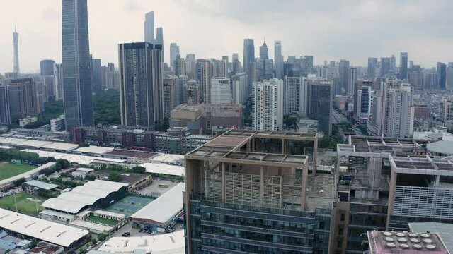 Aerial view on Guangzhou downtown central buildings district. China  Guangdong